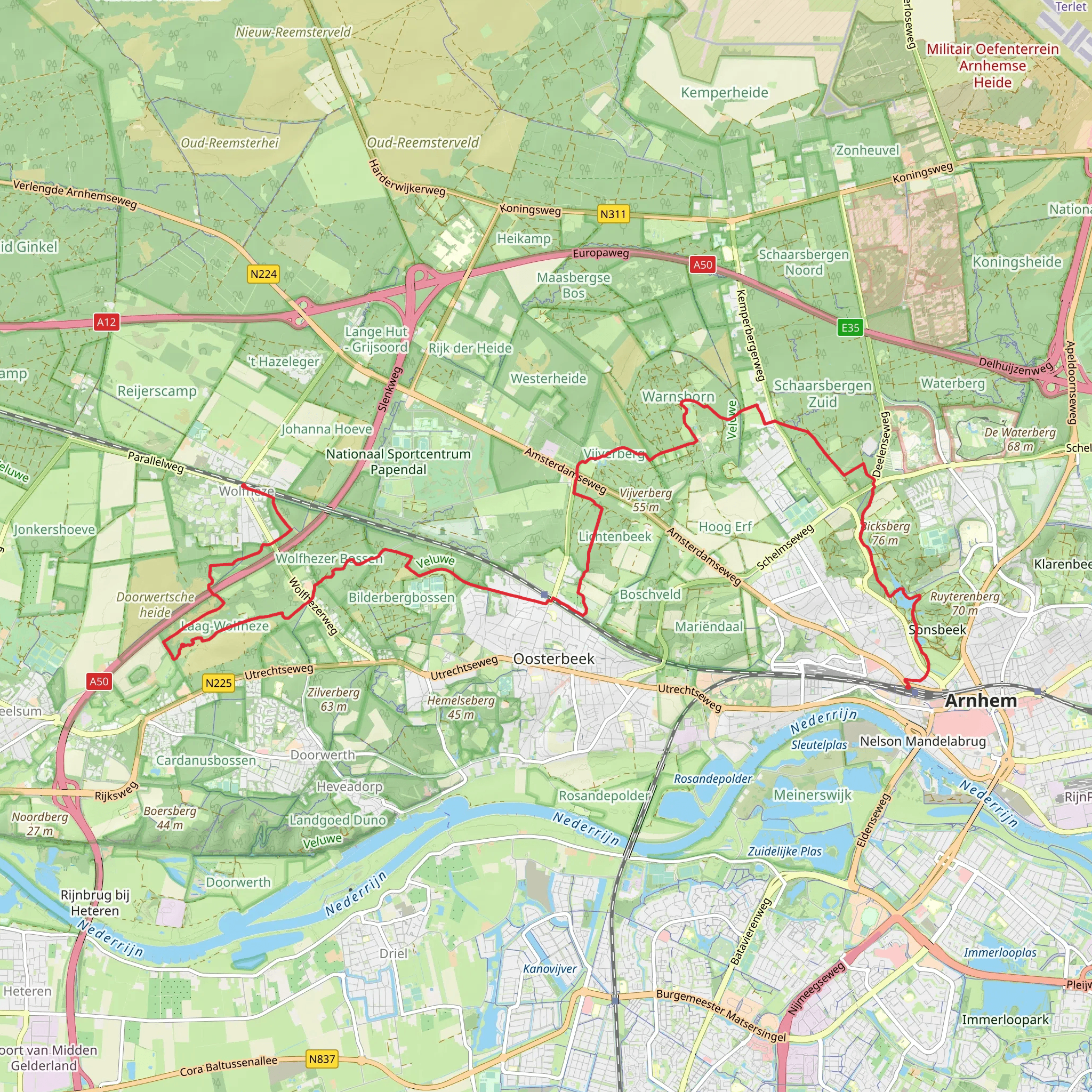 Wolfheze to Arnhem Centraal via Wolfhezerheide, Vijverberg and Gulden Bodem mobile static map