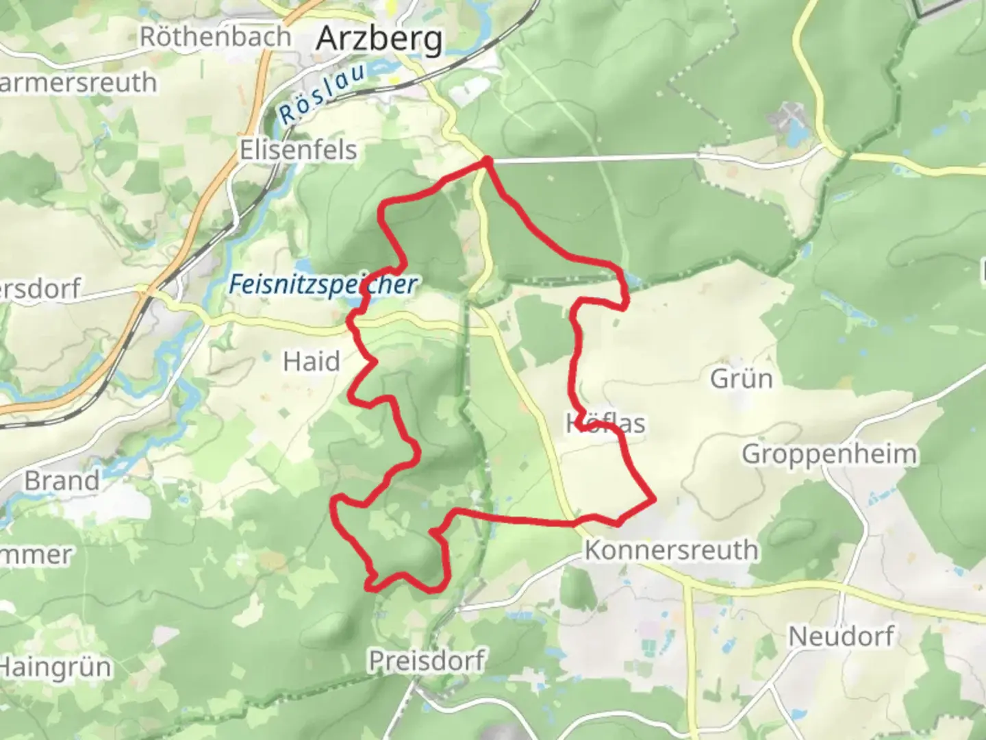 An image depicting the trail Dollermuhle to Elmberg and Feisnitzspeicher Loop and its surrounding area.