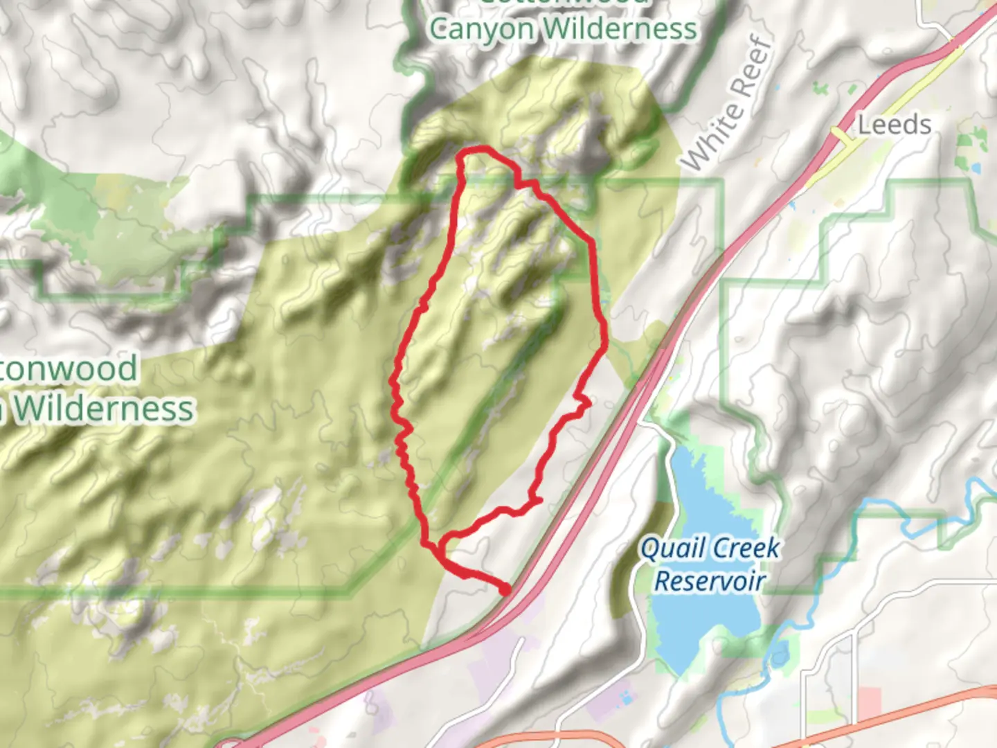 An image depicting the trail Prospector Trail and Red Reef Trail and its surrounding area.