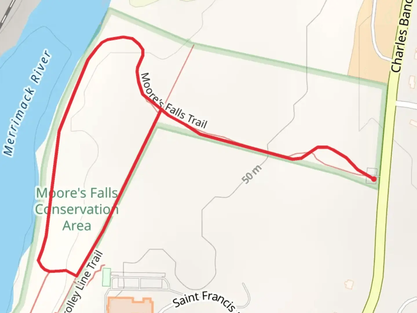 An image depicting the trail Moore's Falls Loop Trail and its surrounding area.