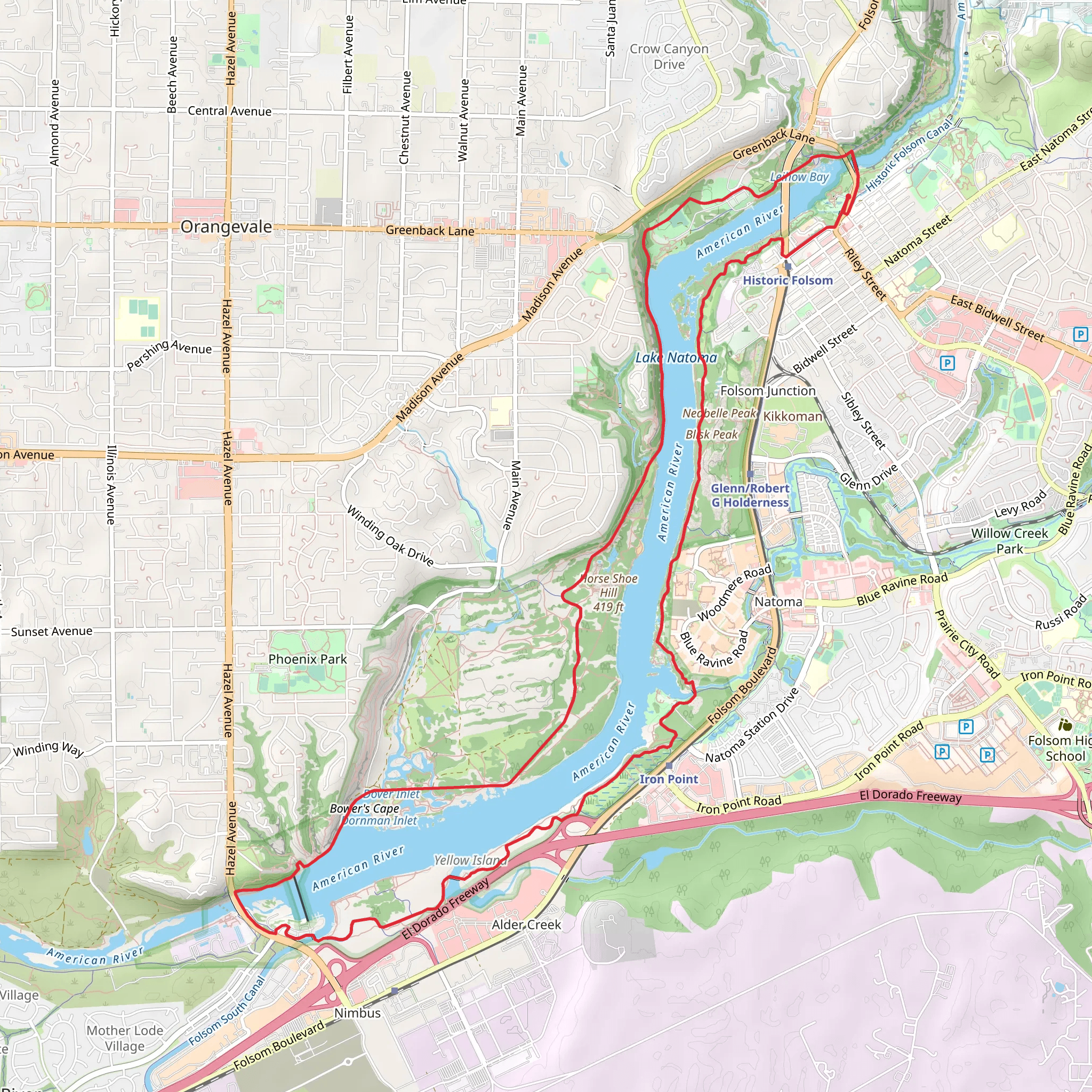 Lake Natoma Loop via American River Trail mobile static map
