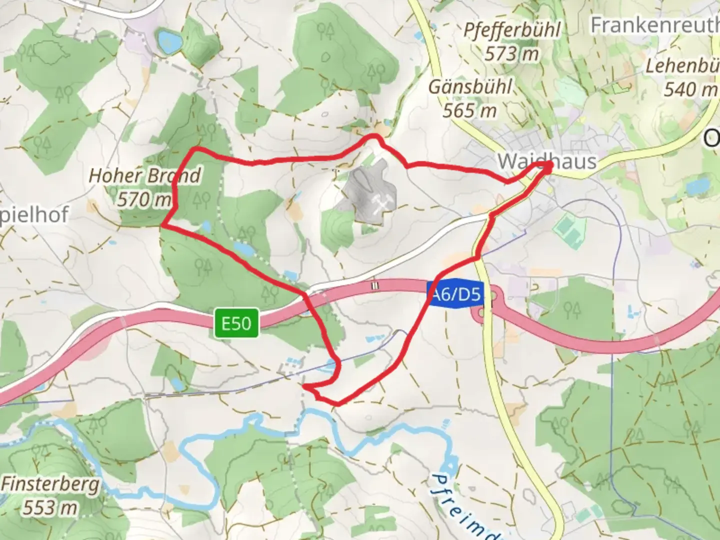 An image depicting the trail Waidhaus-Hoher Brand-Waidhaus and its surrounding area.