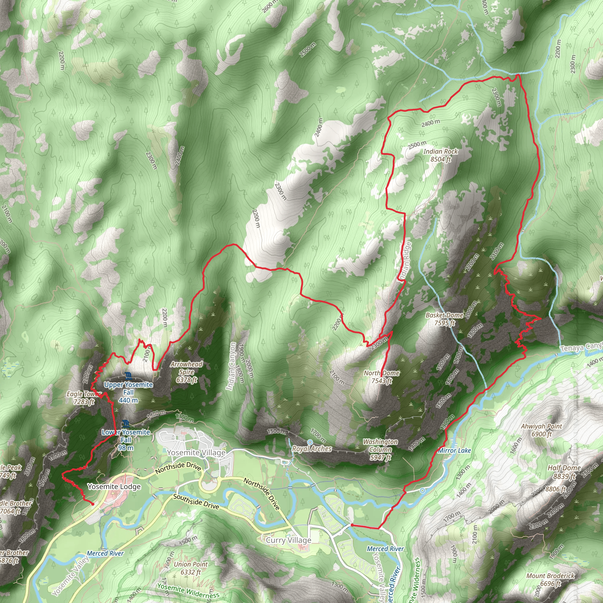 Upper Yosemite Fall Trail - Camp to North Dome to Upper Mirror Lake mobile static map