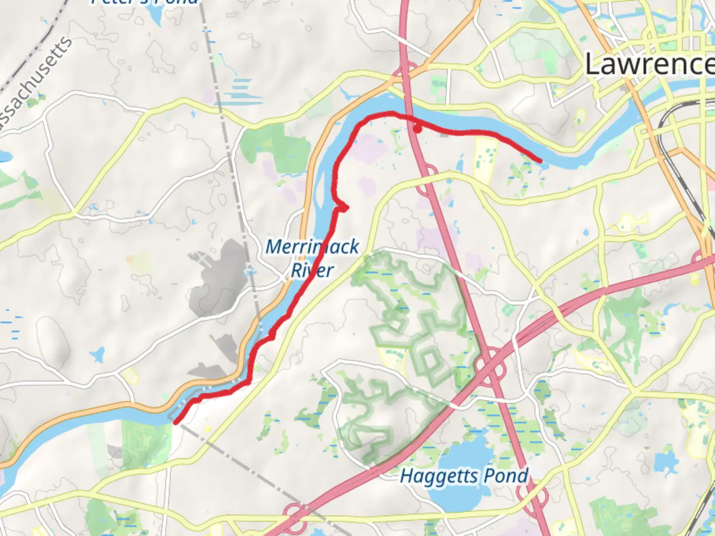An image depicting the trail Merrimack River Out and Back and its surrounding area.