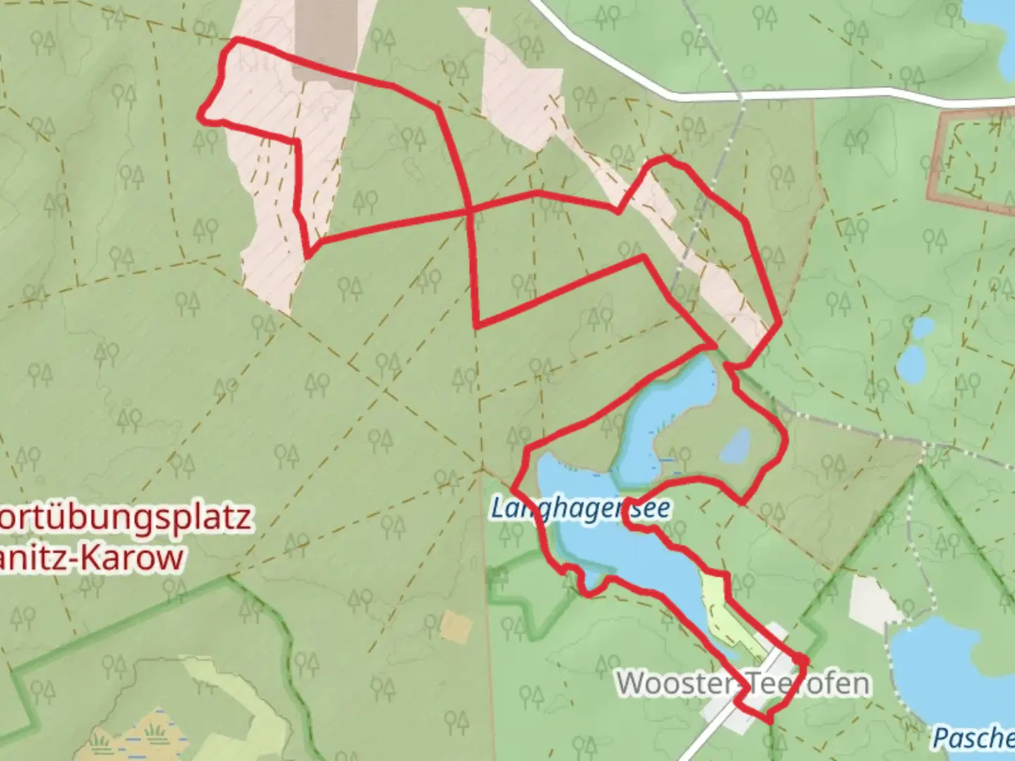 An image depicting the trail Langhagensee Loop and its surrounding area.