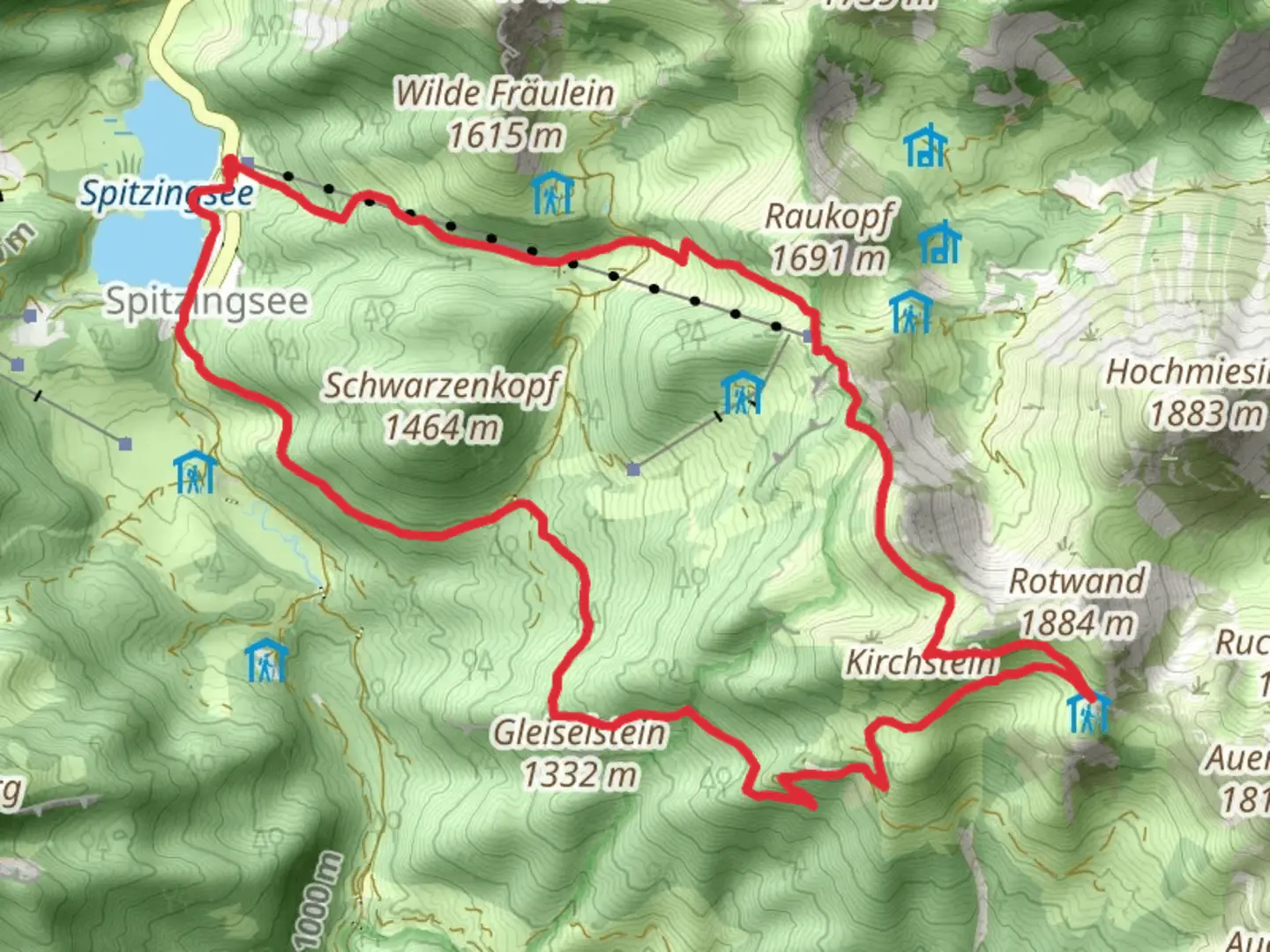 An image depicting the trail Taubenstein, Lämpersberg and Rotwandhaus Loop - Spitzingsee and its surrounding area.