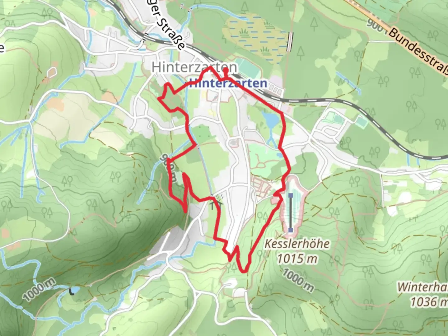 An image depicting the trail Naturerlebnispfad Seilbruecke via Naturerlebnispfad and Bergackerweg and its surrounding area.