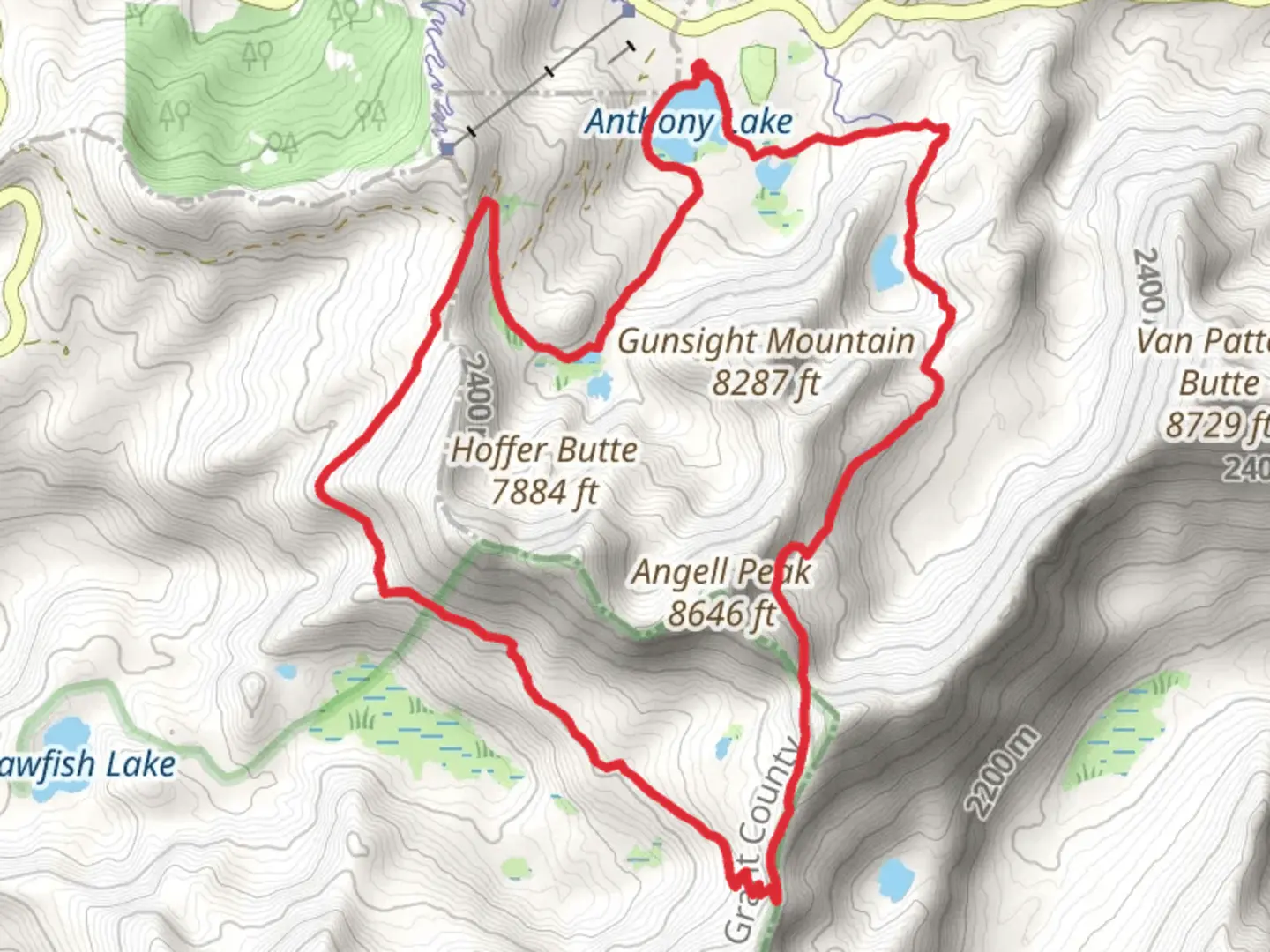 An image depicting the trail Anthony Lake Shoreline Trail and Crawfish Basin Loop Trail and its surrounding area.