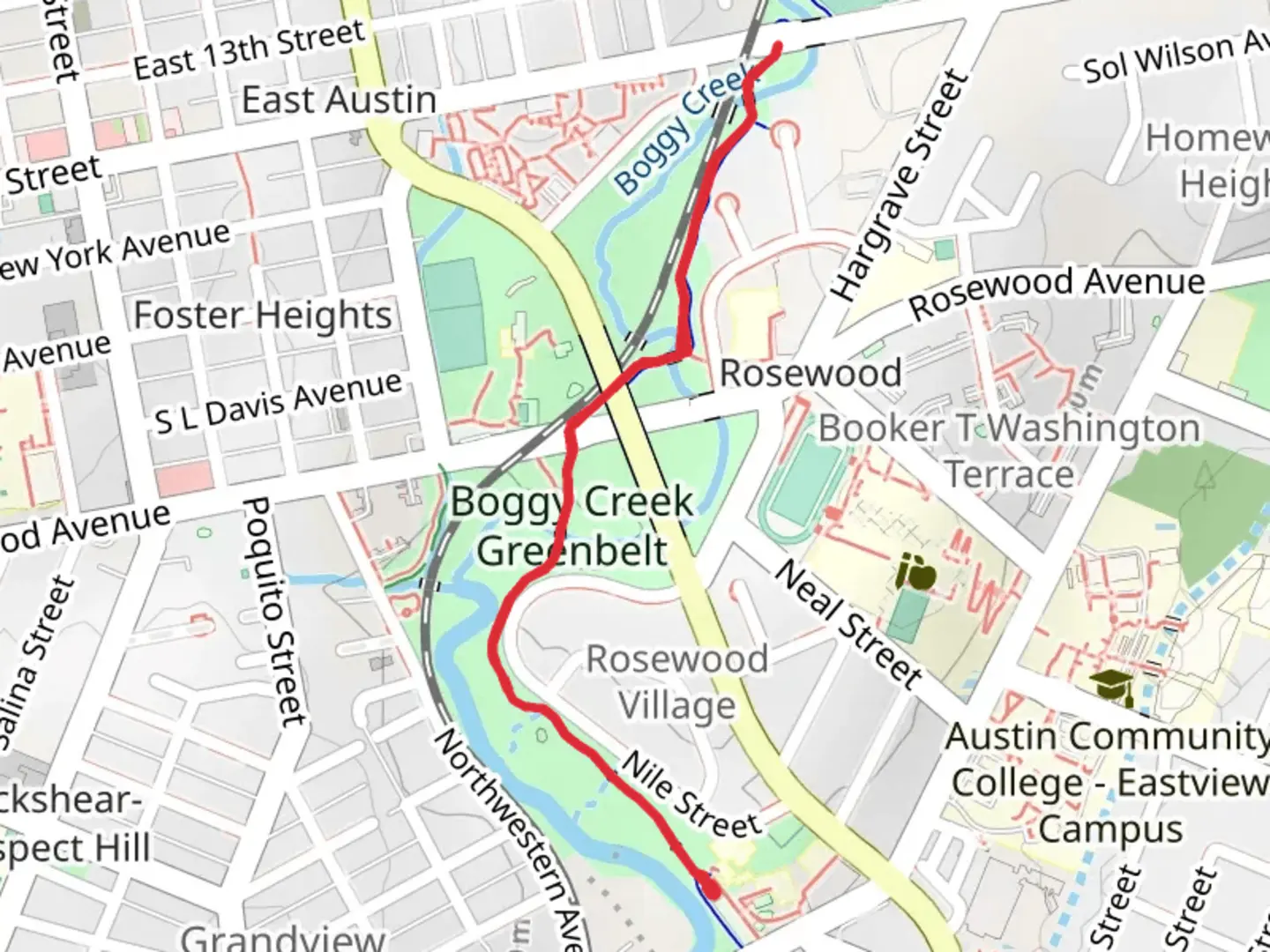 An image depicting the trail Boggy Creek Greenbelt Trail and its surrounding area.