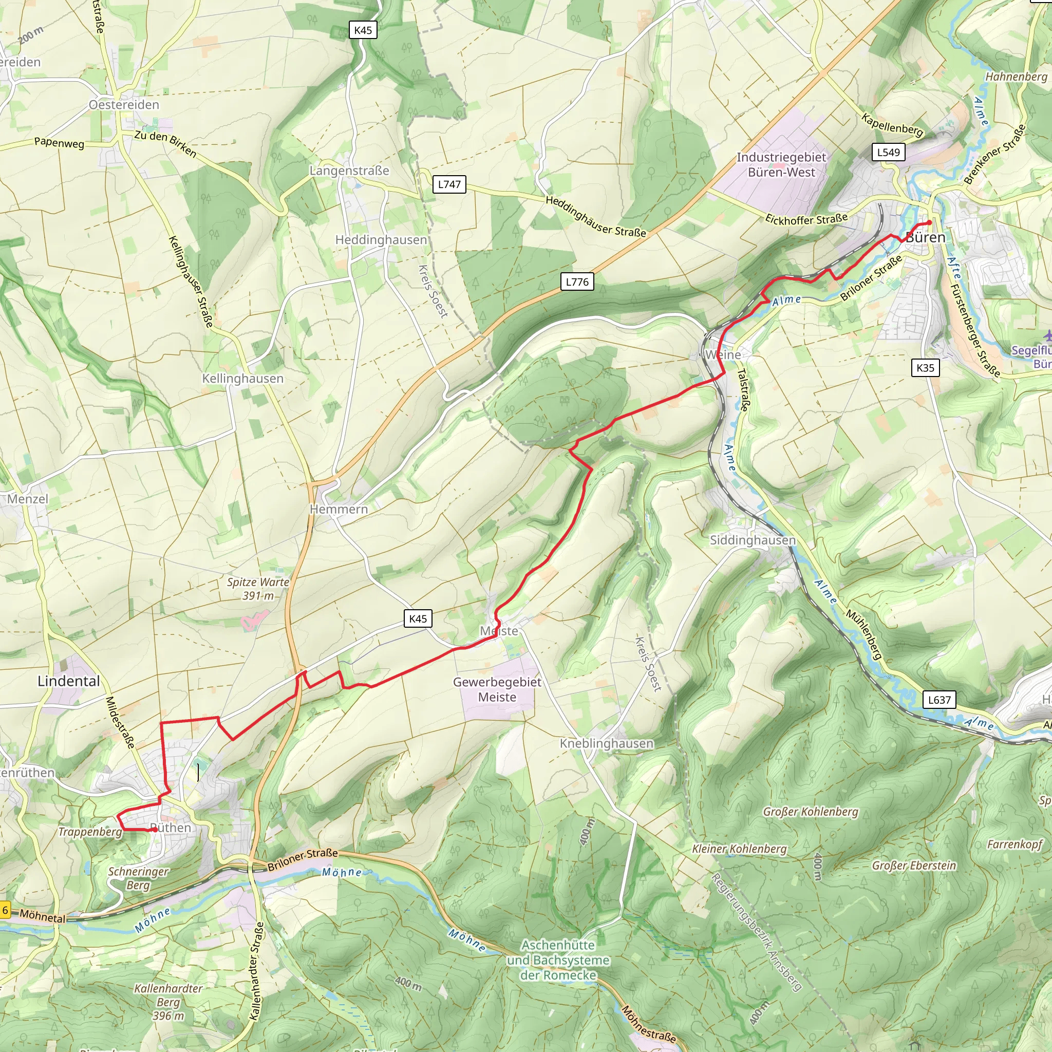 Ruthen to Buren Walk mobile static map