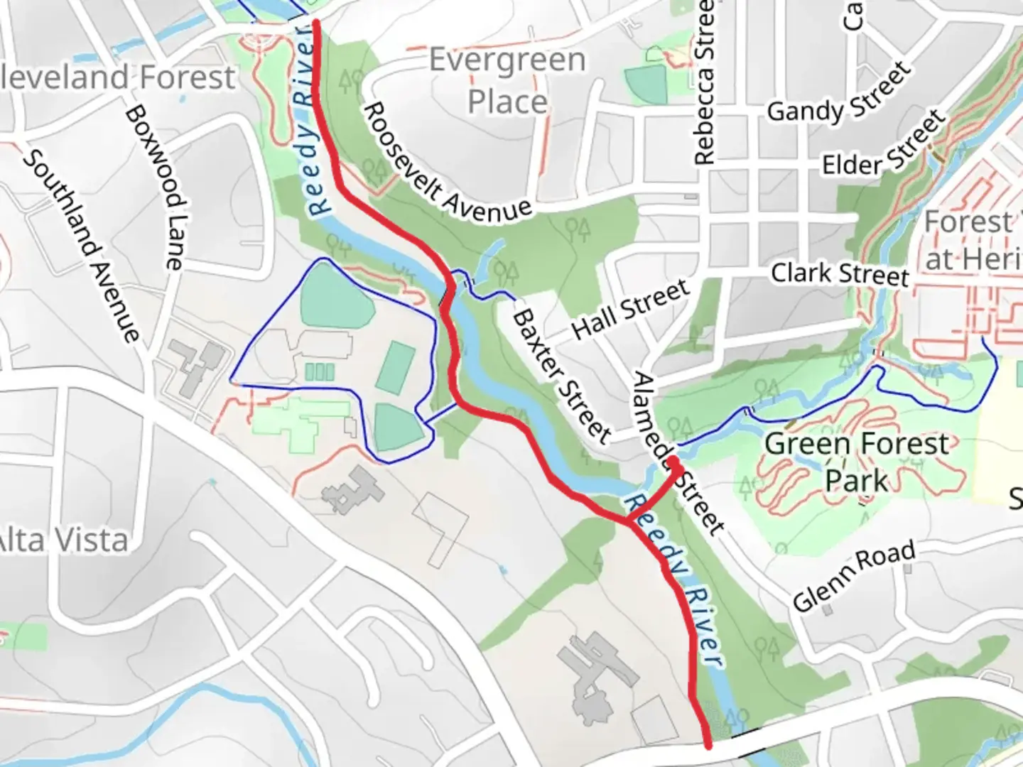 An image depicting the trail Reedy River via Swamp Rabbit Trail and its surrounding area.