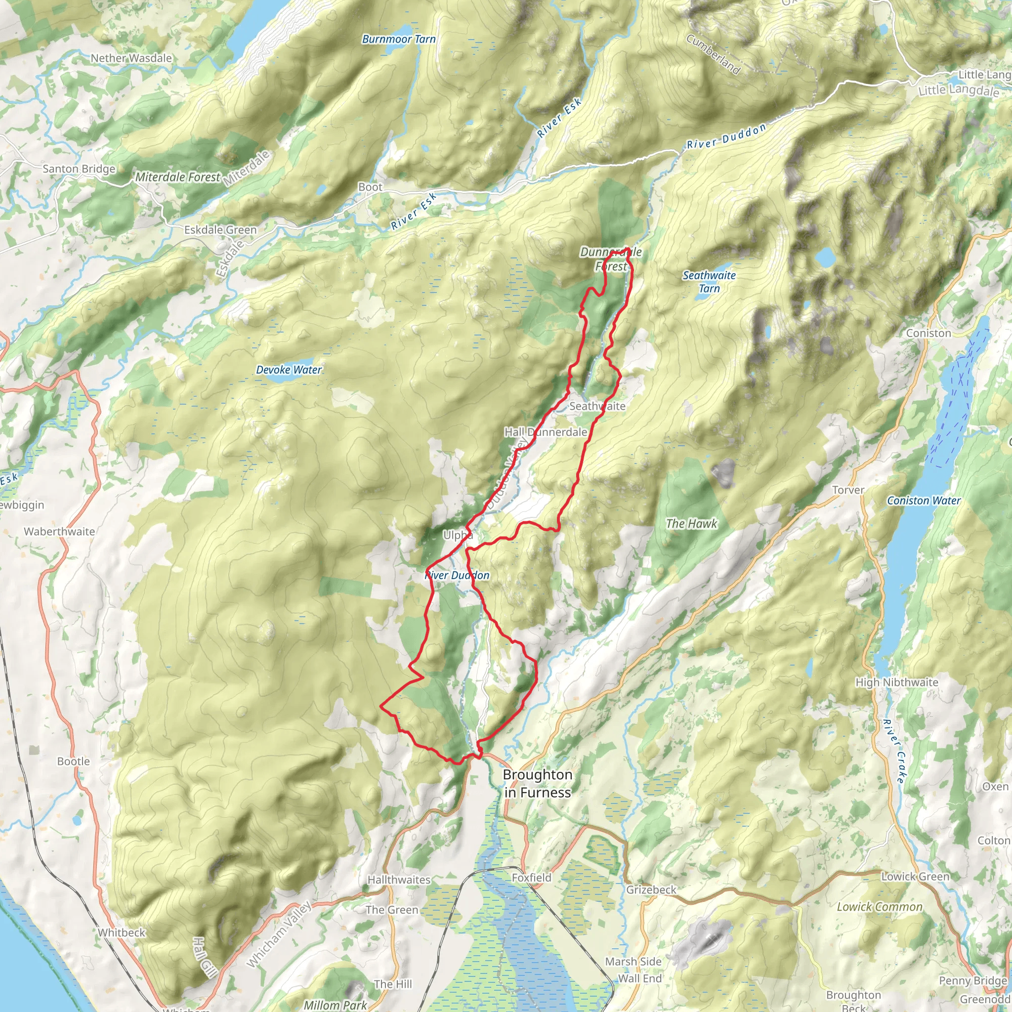 Duddon Bridge, Croglinhurst, Seathwaite and Ulpha Loop via Dunnerdale Forest mobile static map