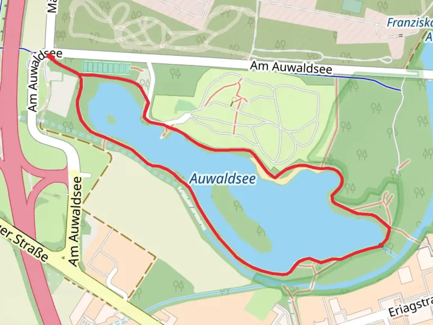 An image depicting the trail Auwaldsee Loop and its surrounding area.