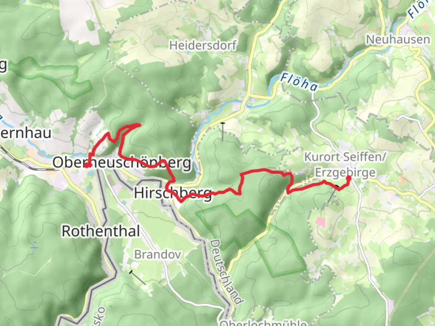 An image depicting the trail Erzgebirge to Gruenthal via Seiffen Tour and its surrounding area.