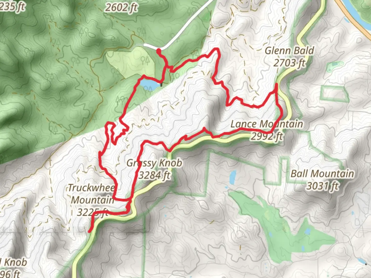 An image depicting the trail Hard Times Road, Lance Mountain, Shut-In and Lake Powhatan Loop Trail and its surrounding area.