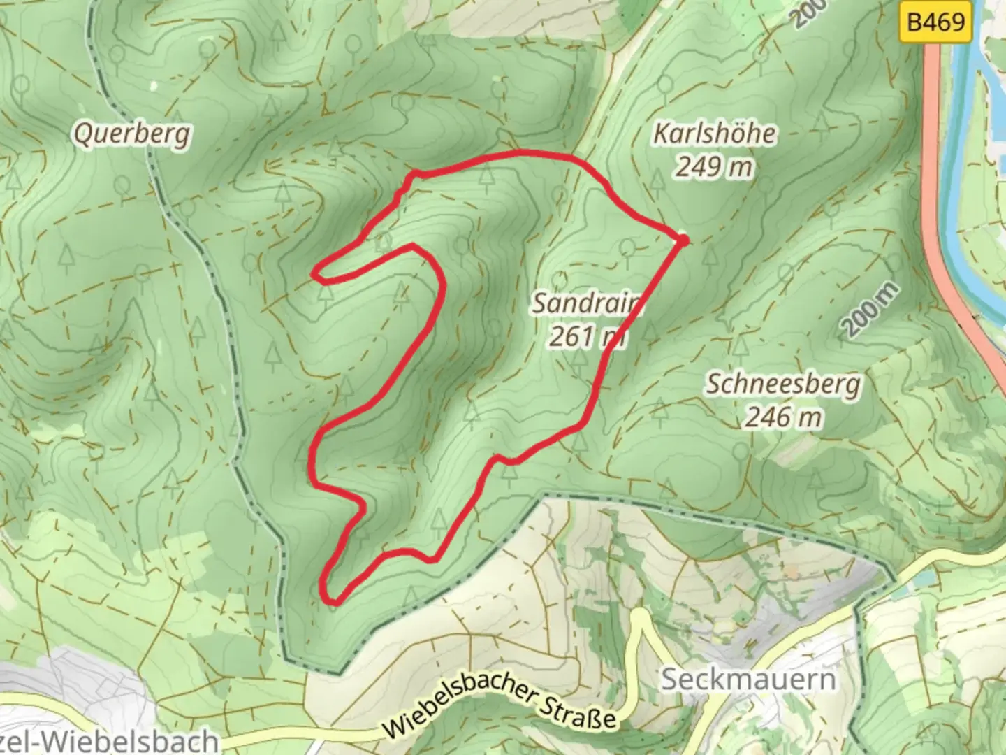 An image depicting the trail Hessenweg and Westlicher Limesweg Loop and its surrounding area.