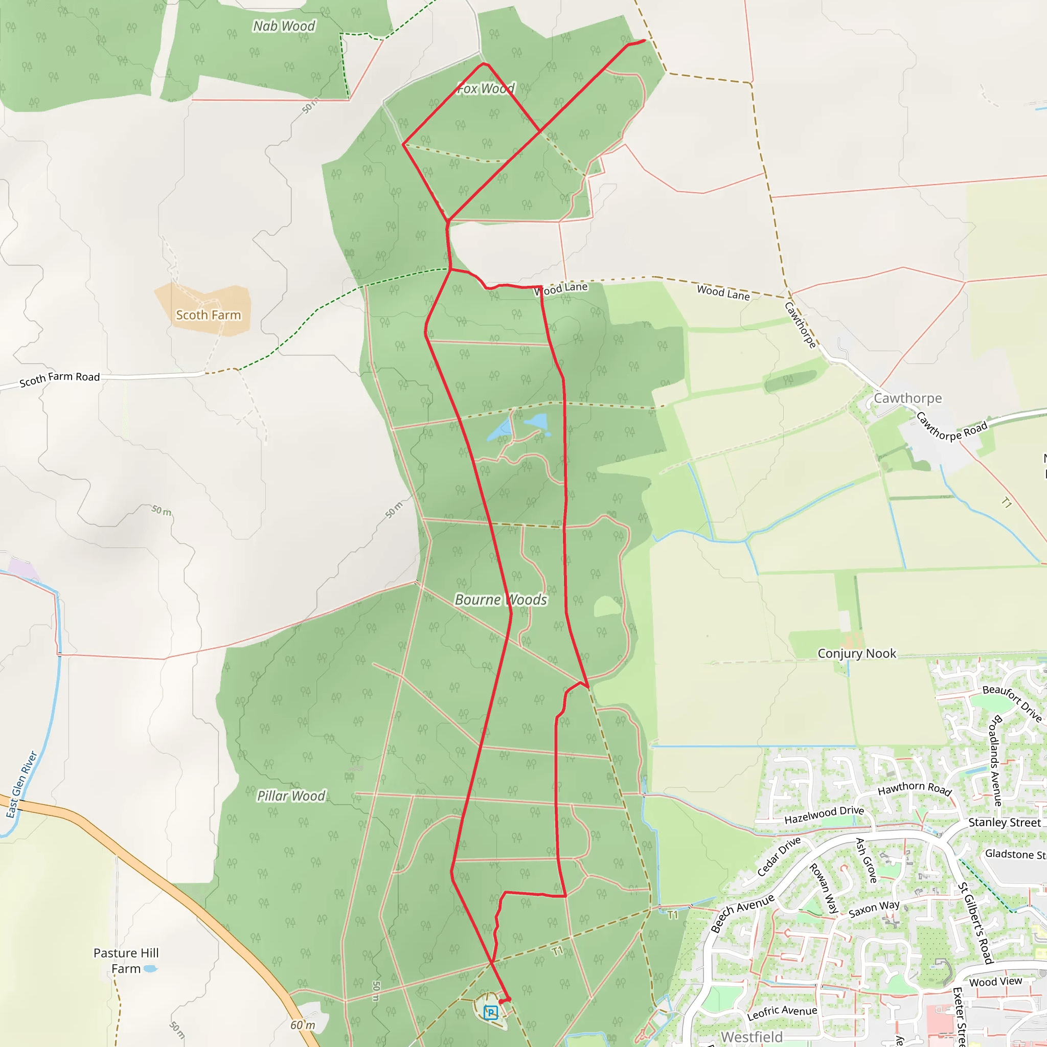 Bourne Wood and Fox Wood Loop mobile static map