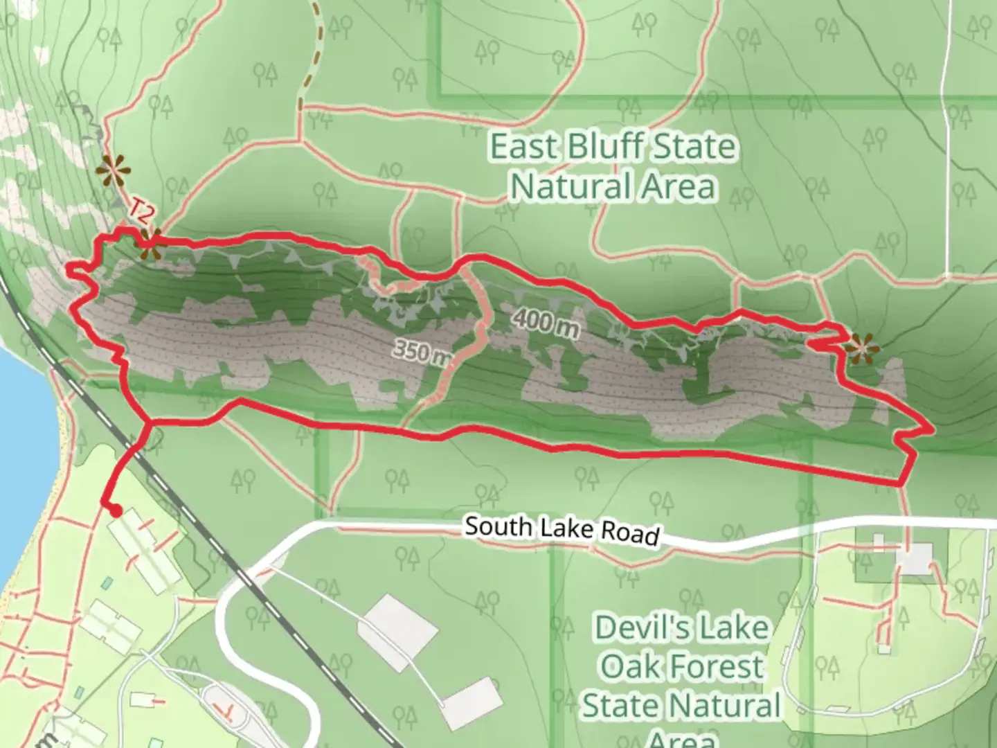 An image depicting the trail Grottos and East Bluff Loop Trail and its surrounding area.
