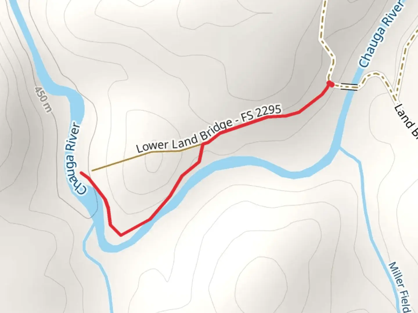 An image depicting the trail Lower Land Bridge and Chauga River and its surrounding area.