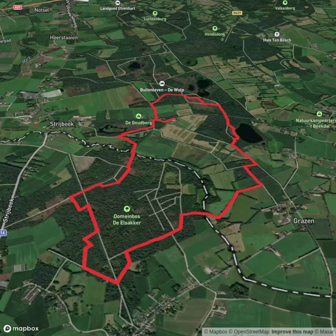 An image depicting the trail Zwarte Goor, Domeinbos De Elsakker and Hoeve Gouwberg Loop and its surrounding area.