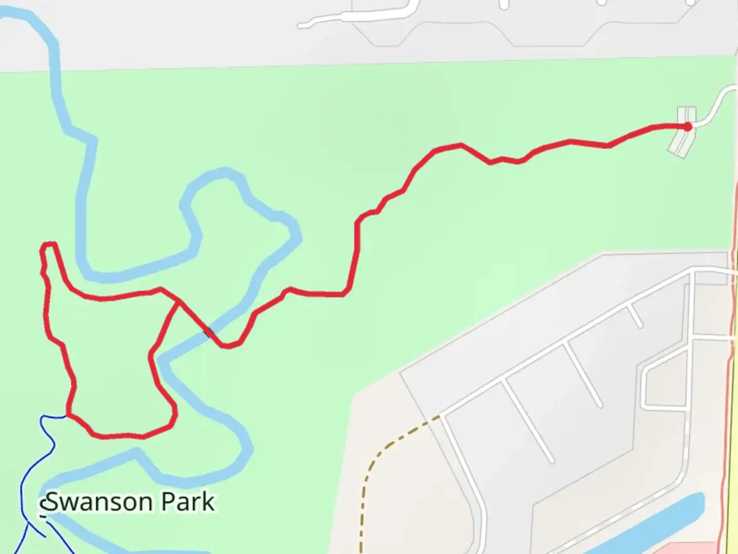 An image depicting the trail Swanson Park Loop and its surrounding area.