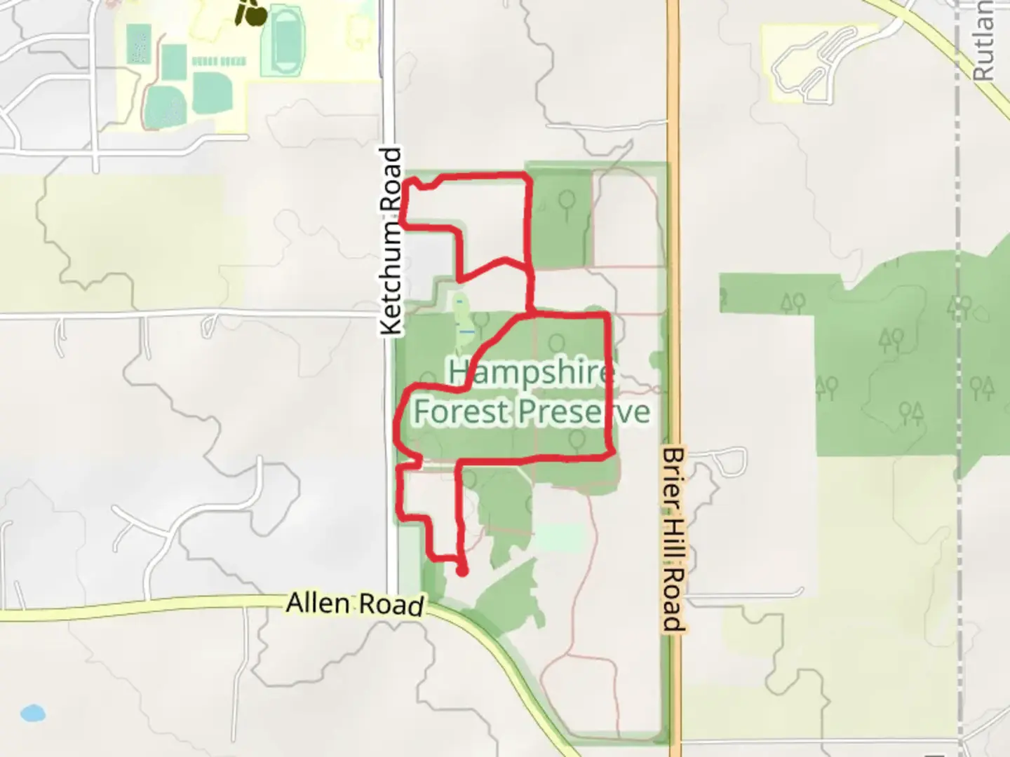 An image depicting the trail Songbird, Hickory Hollow and Grassland Loop Trail and its surrounding area.