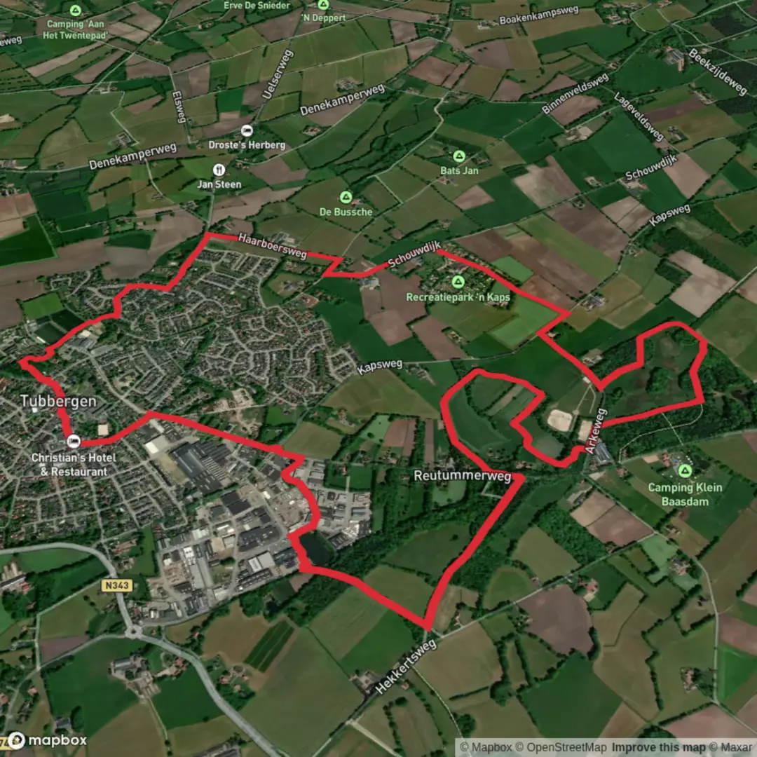 An image depicting the trail Baasdam - Blauwe Route and Hilligenpad Loop and its surrounding area.