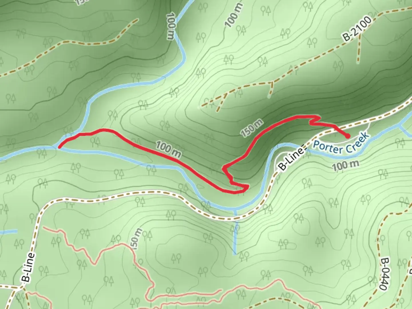 An image depicting the trail Porter Falls Out and Back and its surrounding area.