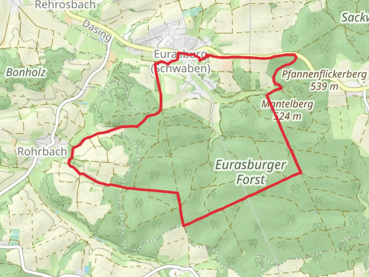 An image depicting the trail Im Eurasburger Forst Loop and its surrounding area.