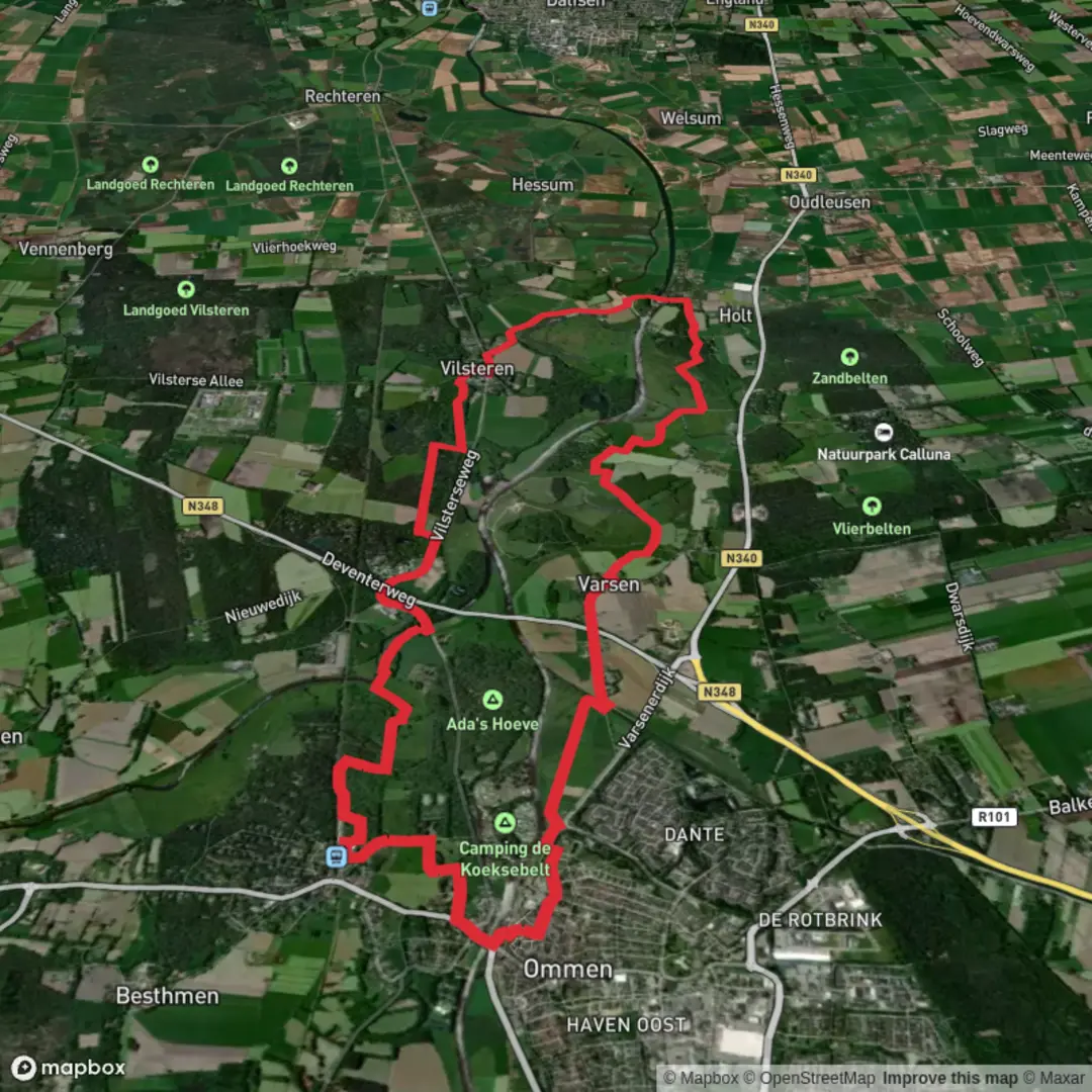 An image depicting the trail Zandbelten and Laarbrug via Overijssels Havezatenpad and Vechtdalpad and its surrounding area.