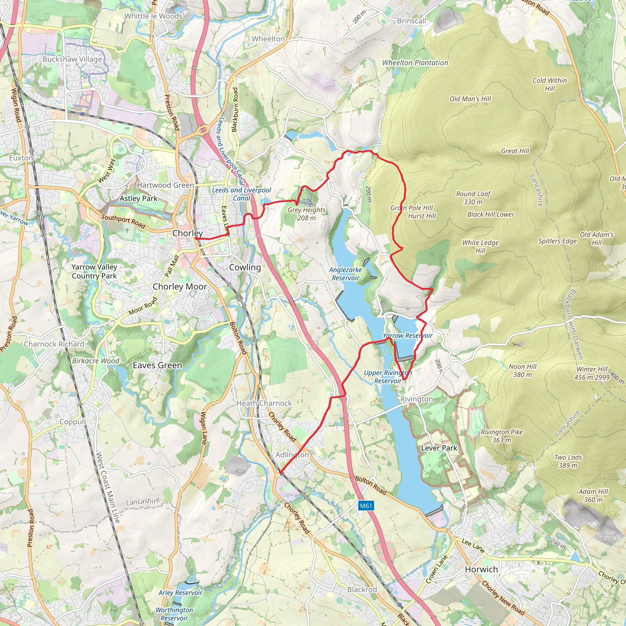 Adlington to Chorley Walk via Yarrow Reservoir mobile static map