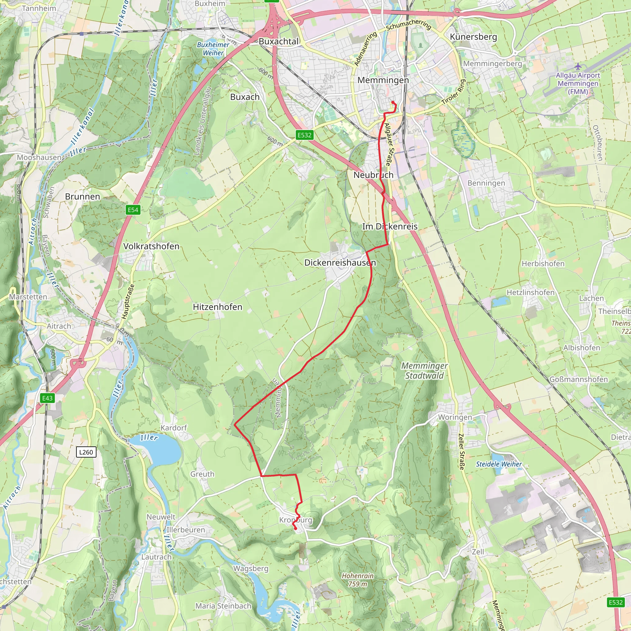 Memmingen to Kronburg via Wiesengaenger Route der Wandertrilogie Allgaeu mobile static map