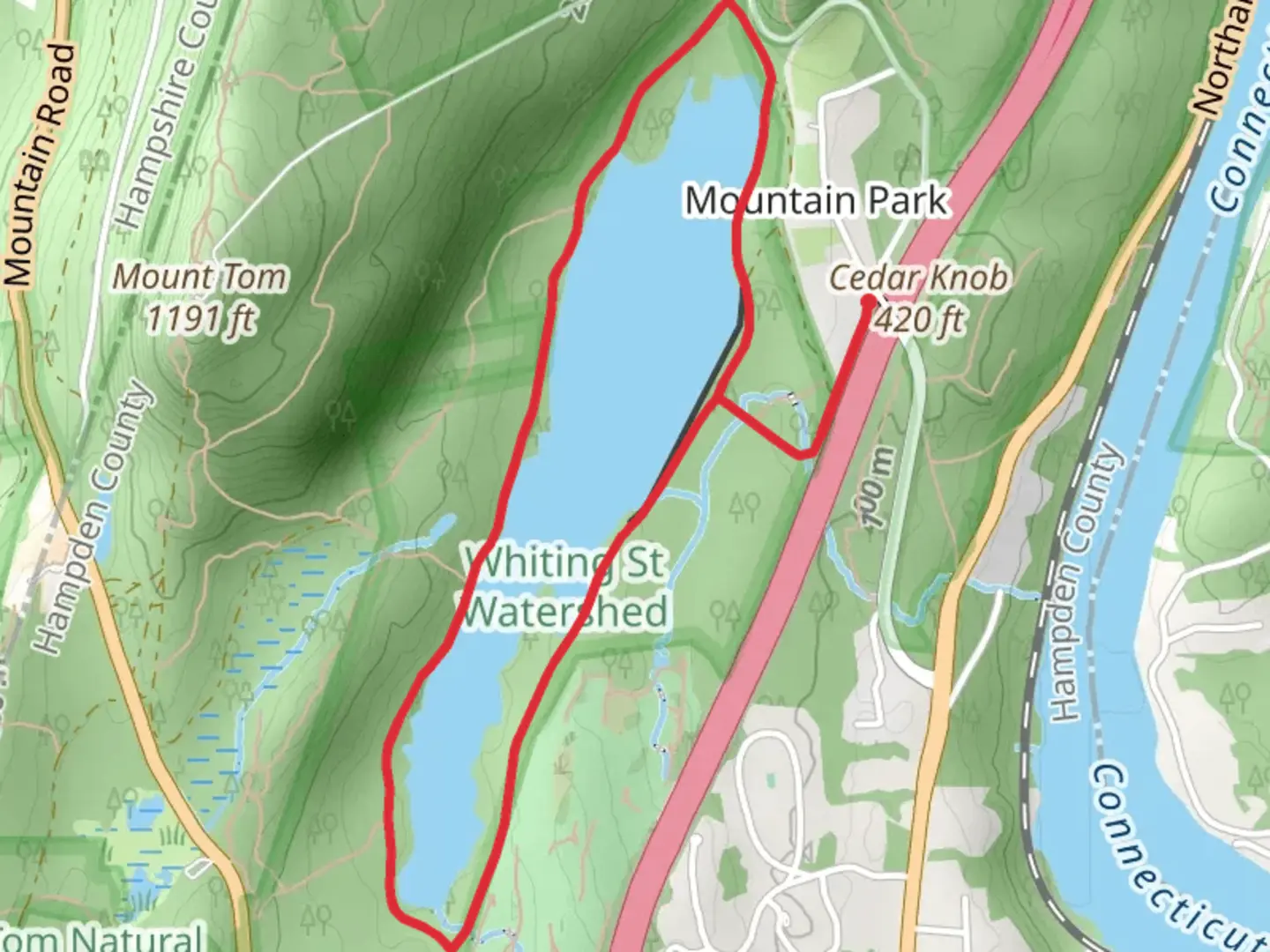 An image depicting the trail Whiting Street Reservoir Loop from Aerator Road and its surrounding area.