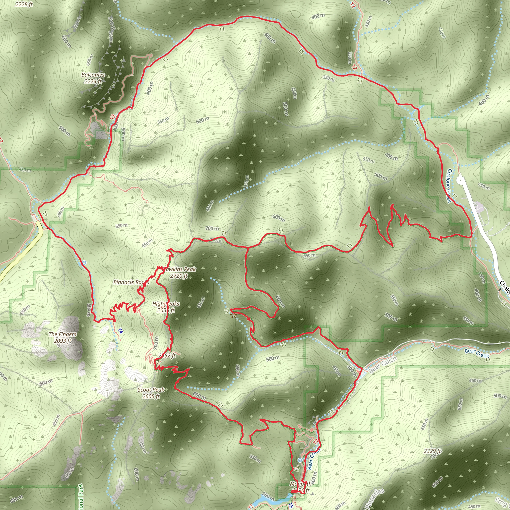 High Peaks Trail, Condor Gulch Trail and Old Pinnacles Trail Loop mobile static map