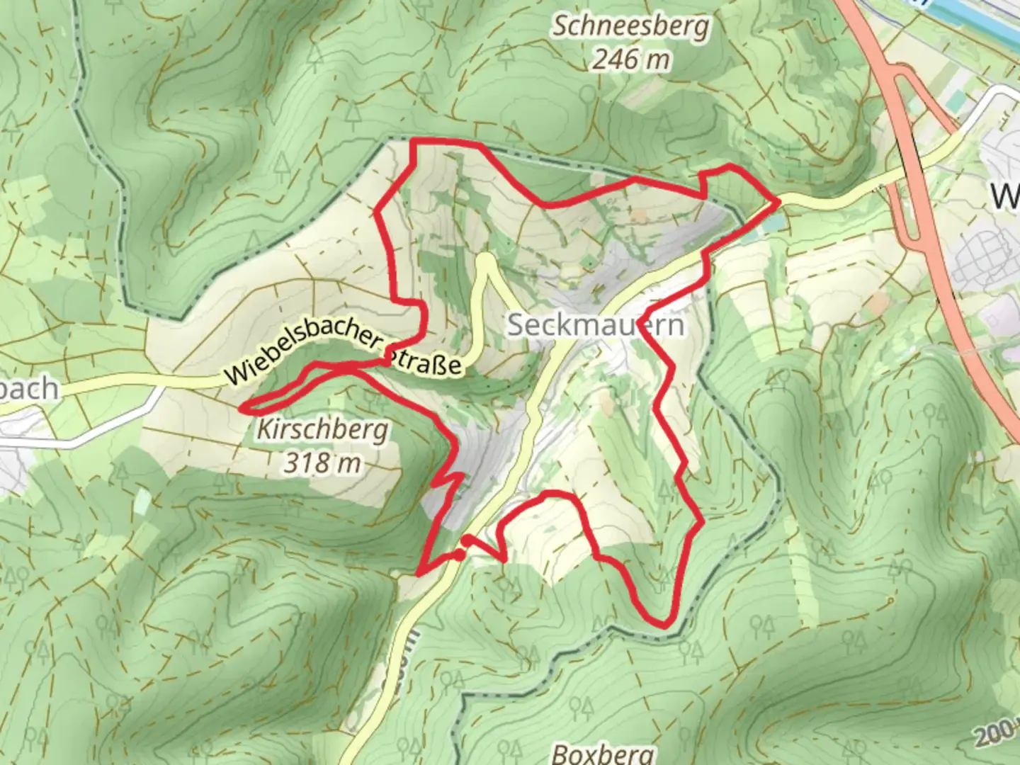 An image depicting the trail Seckmauern Weg and Saar Rhein Main Weg Teil and its surrounding area.