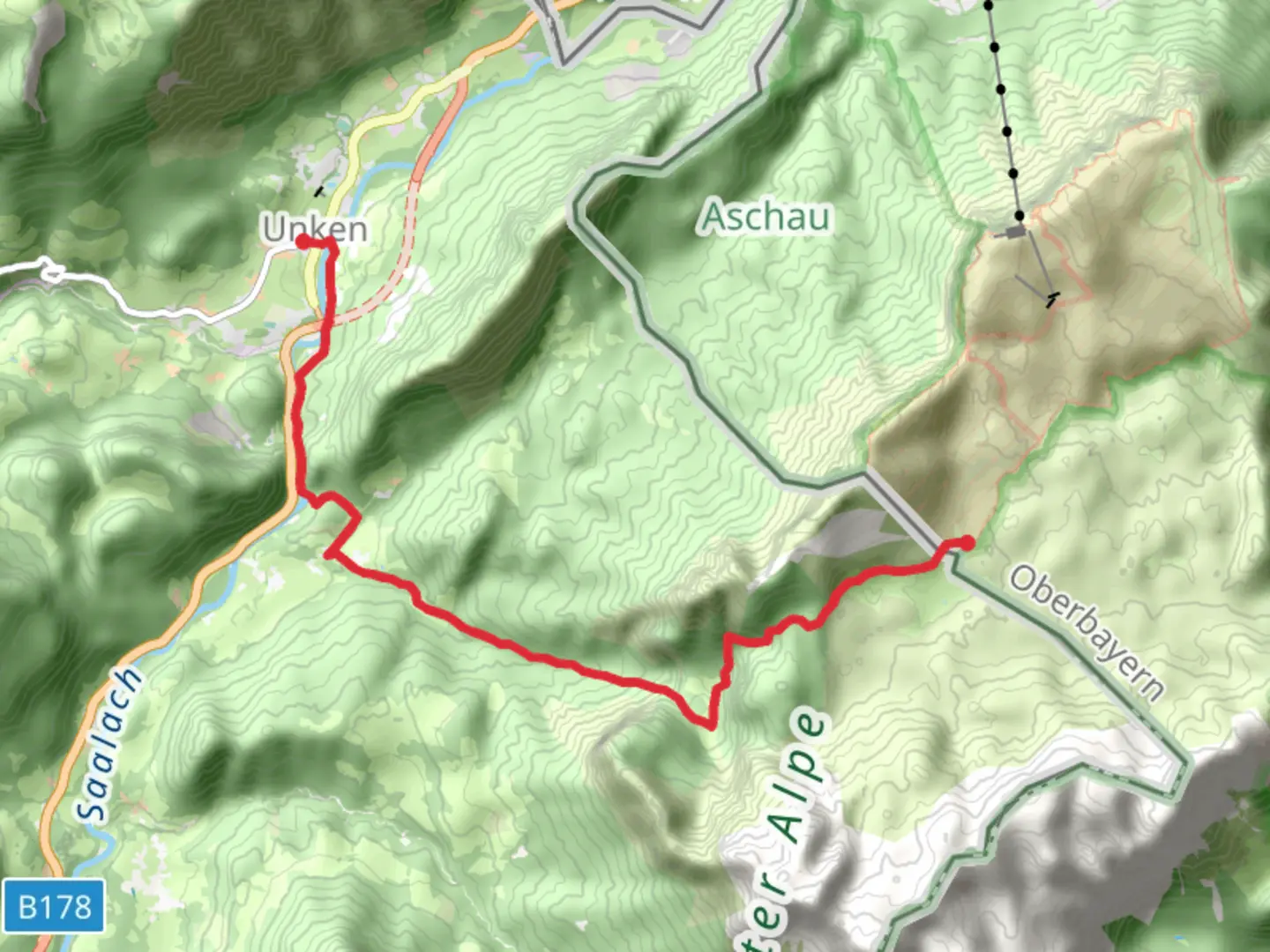 An image depicting the trail Neue Traunsteiner to Unken via AV Weg and its surrounding area.