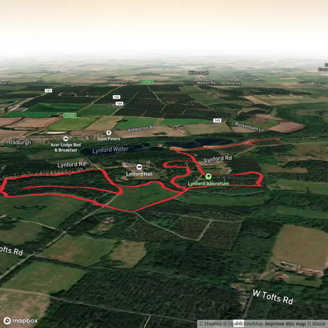 An image depicting the trail Lynford arboretum & lake circular and its surrounding area.