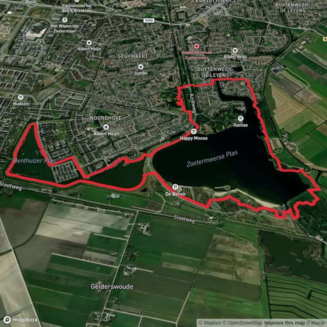 An image depicting the trail Zoetermeerse Plas and Benthuizer Plas Loop and its surrounding area.
