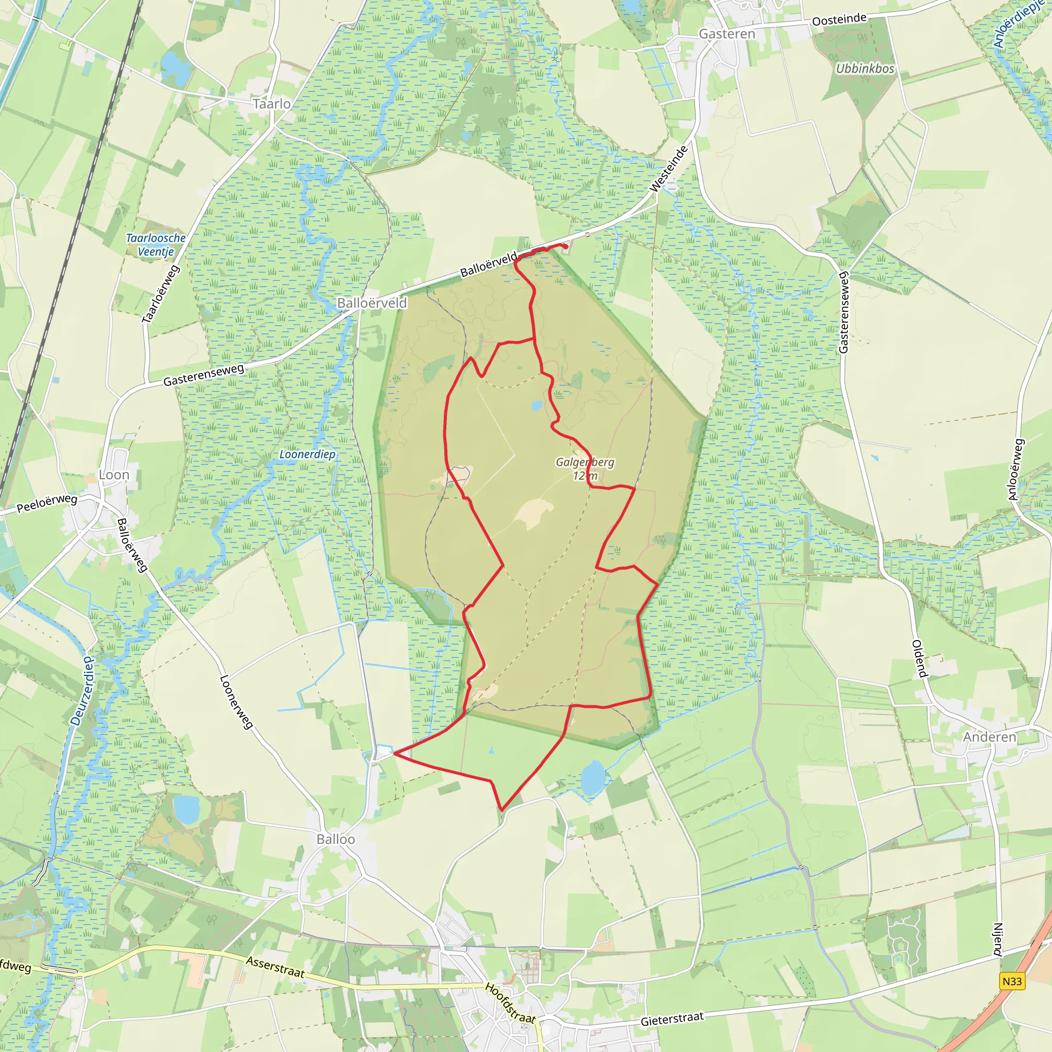 Bolloerveld Loop via Zuidlaarder Weg and Crabbe Weg mobile static map