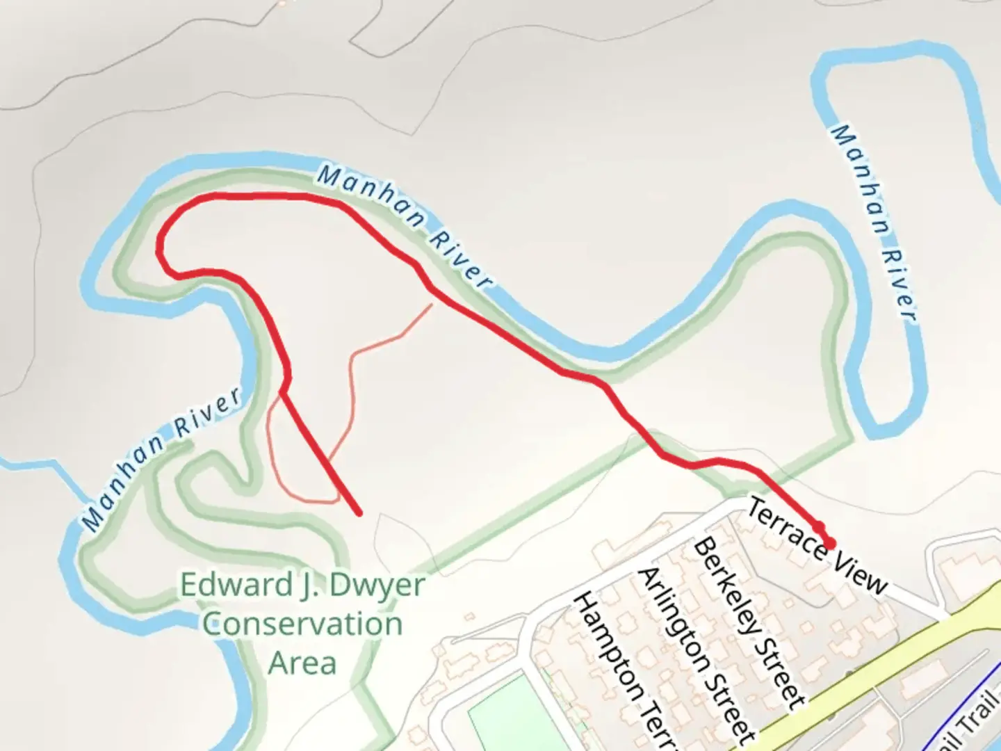 An image depicting the trail Manhan River from Terrace View and its surrounding area.