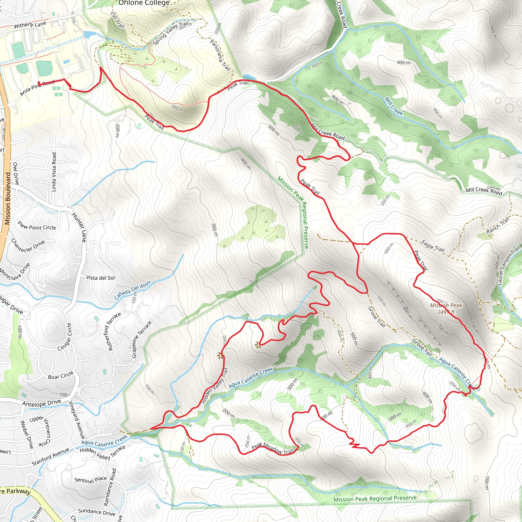 Mission Peak via Ohlone Wilderness Trail and Horse Heaven Trail mobile static map