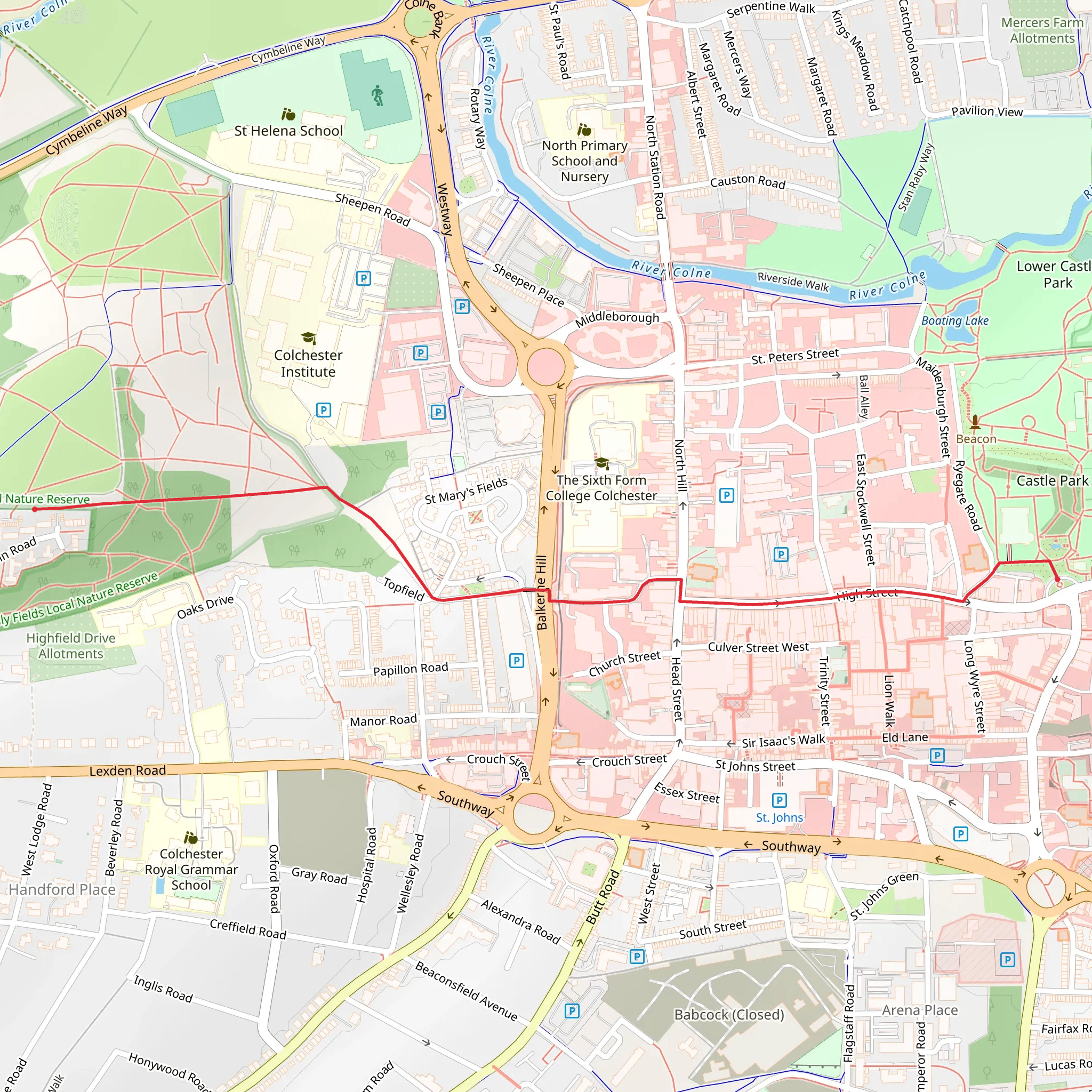 Colchester Castle to Hilly Fields Local Nature Reserve Walk mobile static map