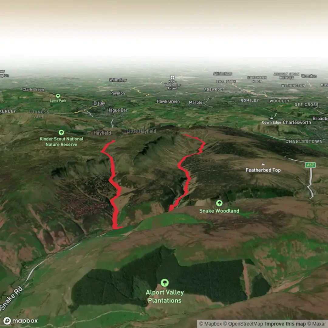 An image depicting the trail Kinder Downfall from Snake Pass and its surrounding area.