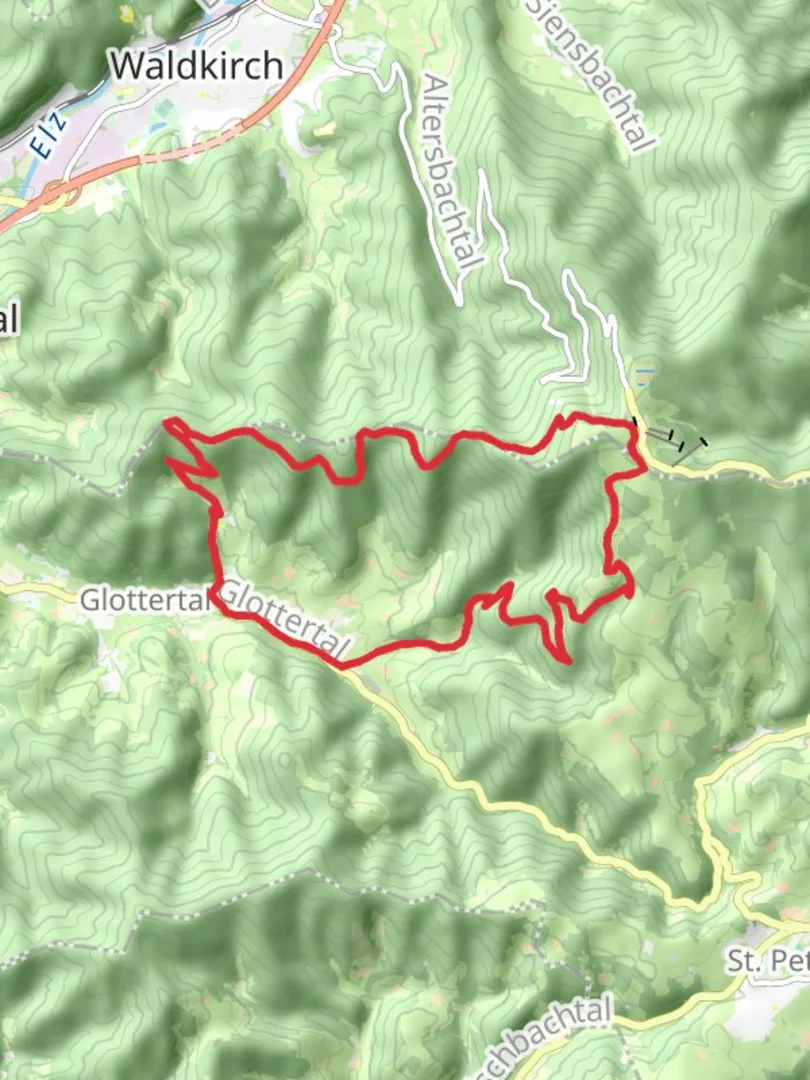 An image depicting the trail Glottertal Loop via Luser and Harterer Felsen and its surrounding area.