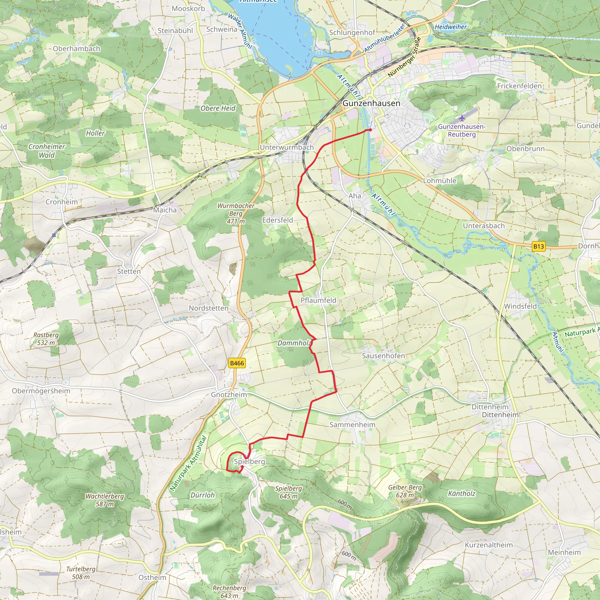 Gunzenhausen to Spielberg Walk via Altühltal Panoramaweg mobile static map