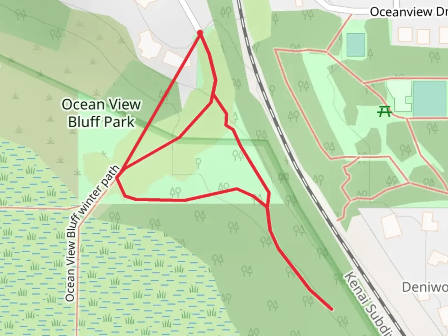 An image depicting the trail Ocean View Bluff Park Loop and its surrounding area.