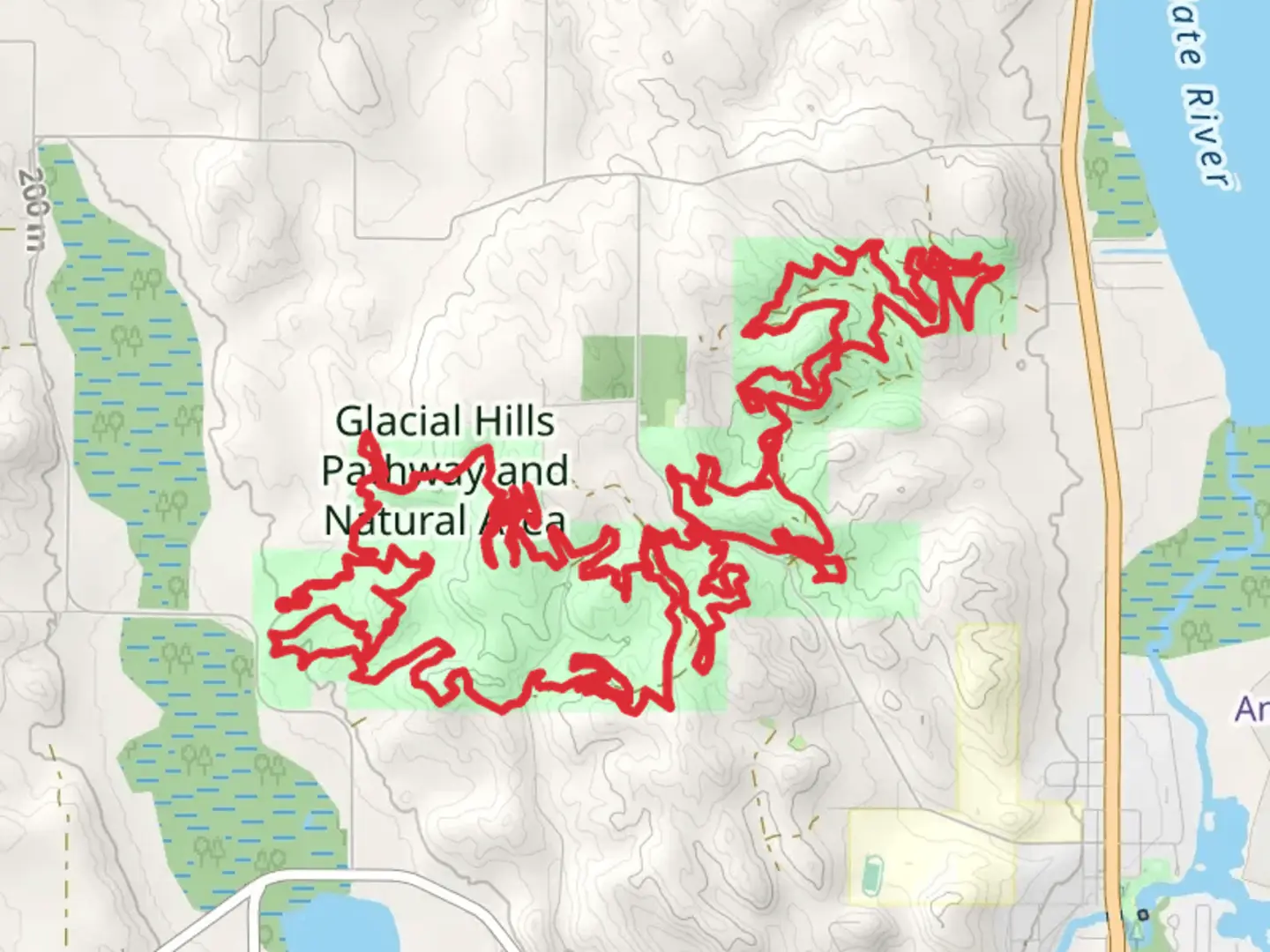 An image depicting the trail Glacial Hills Pathway and Natural Area Loop and its surrounding area.