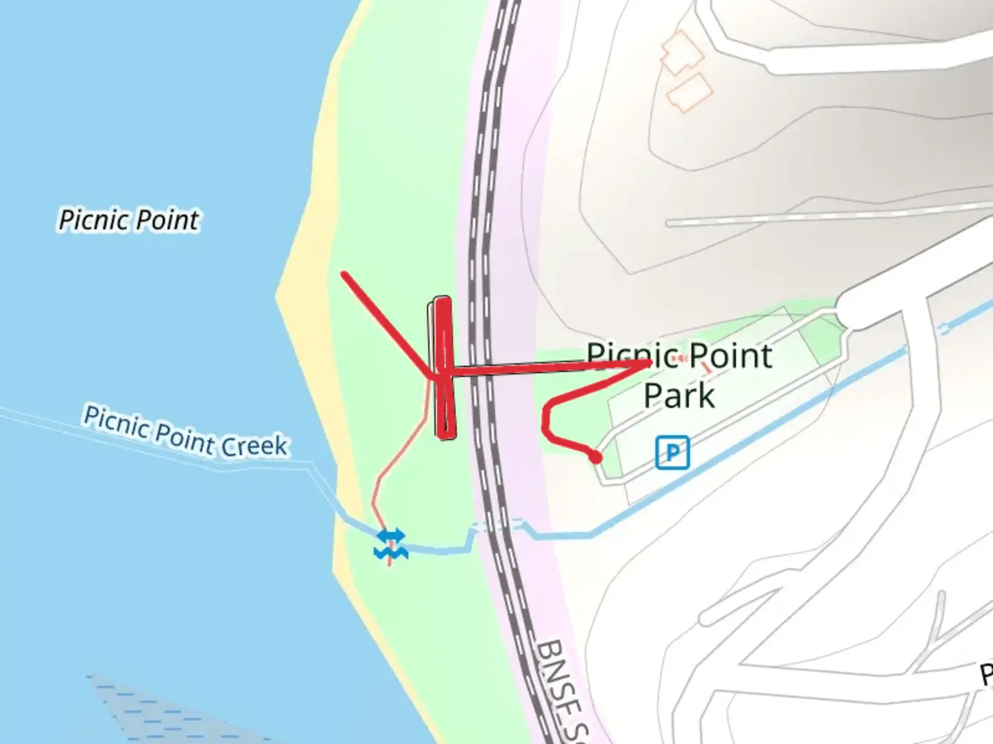 An image depicting the trail Picnic Point Park and its surrounding area.