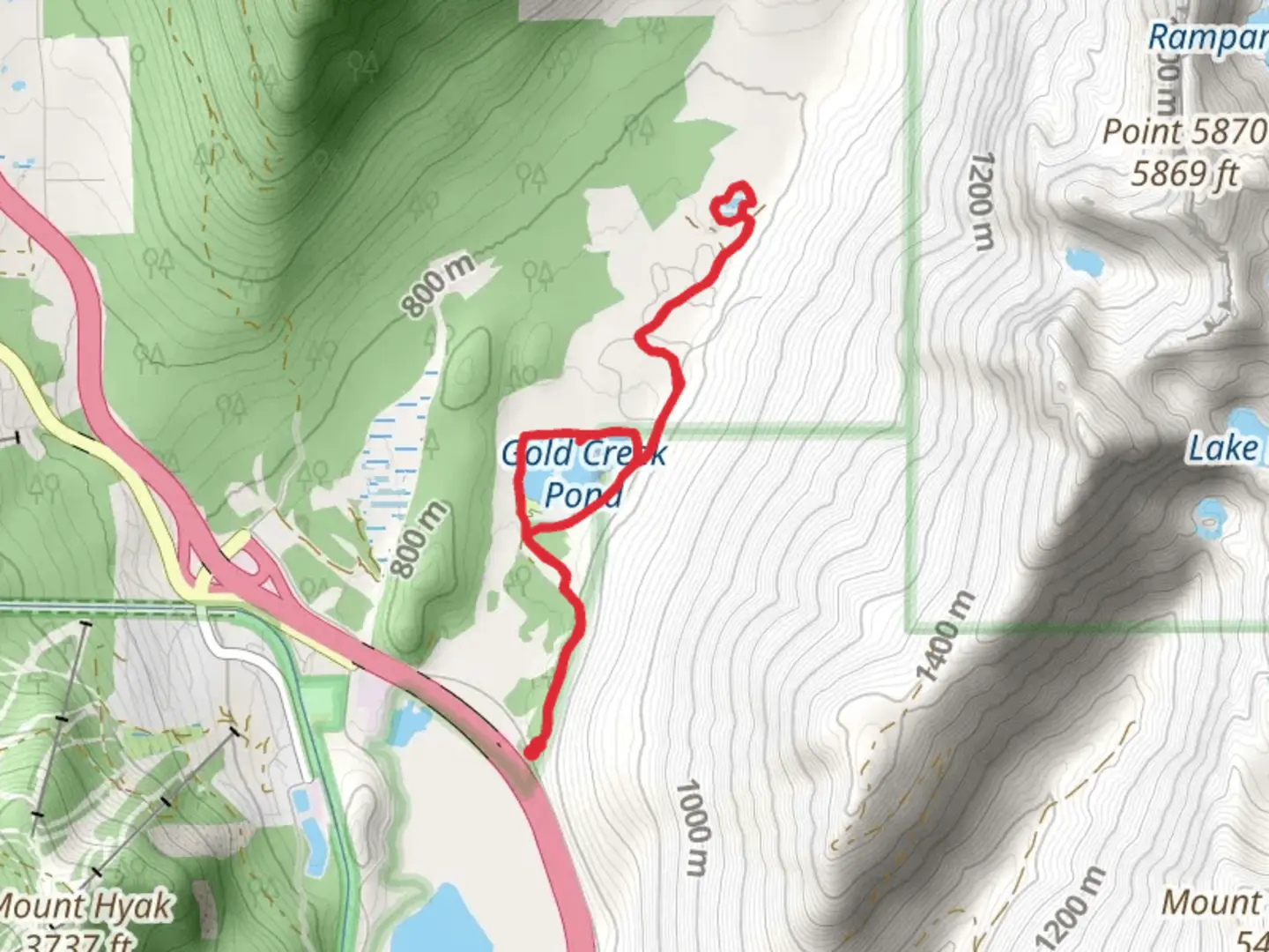 An image depicting the trail Gold Creek Pond and Heli's Pond Loop Trail and its surrounding area.