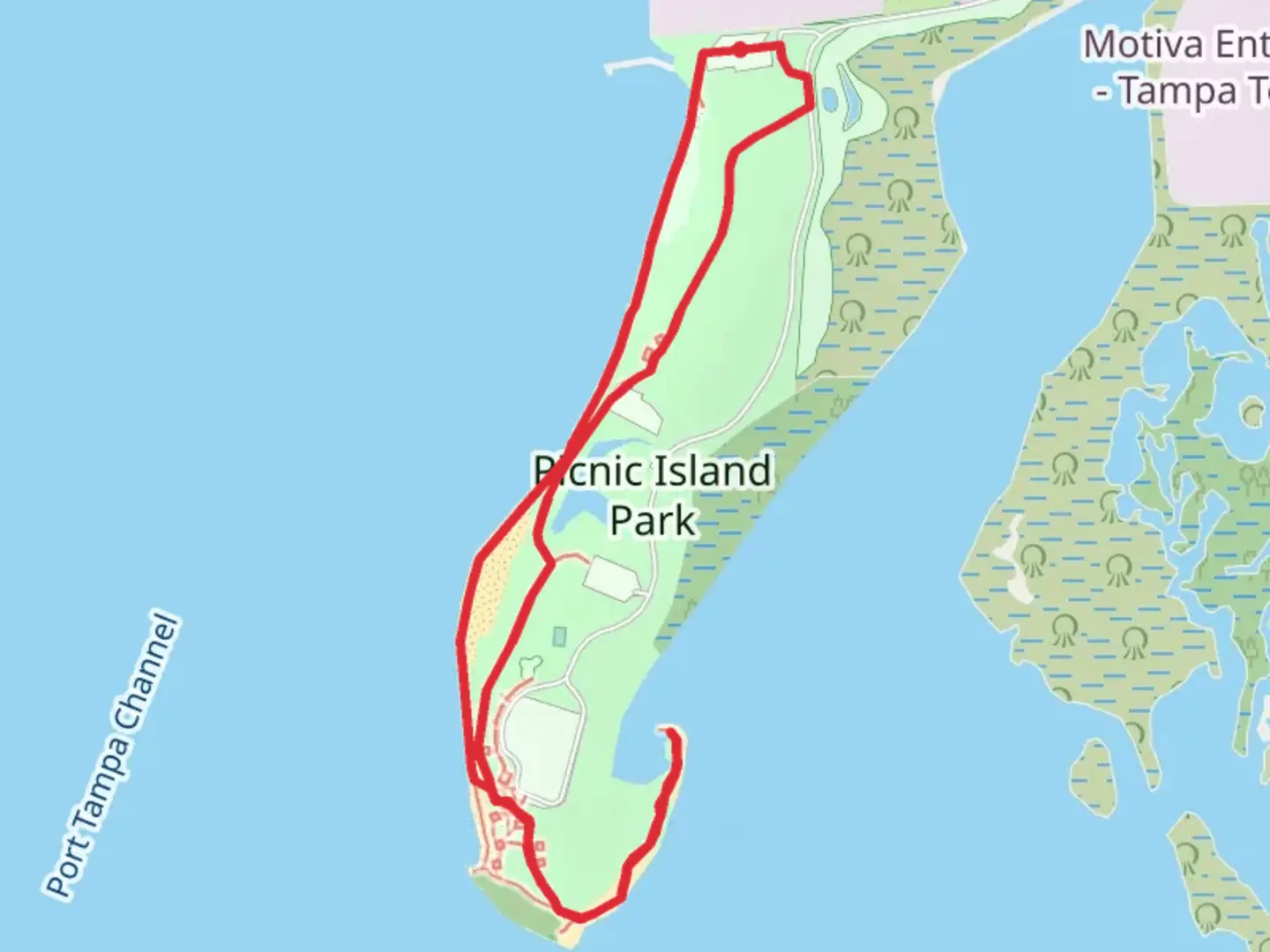 An image depicting the trail Picnic Island Park Loop and its surrounding area.